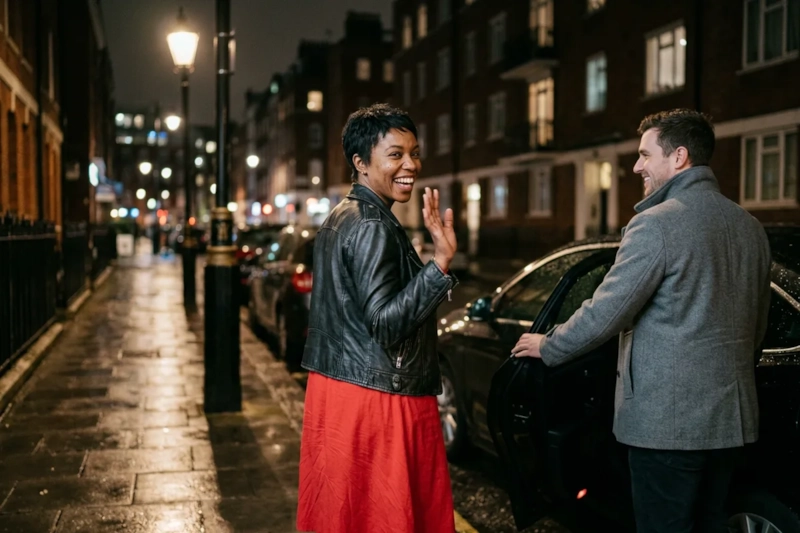 A woman with a short black pixie cut in a red midi dress and a black leather jacket smiles and waves over her shoulder as she steps towards a waiting car on a rainy city street at night, a man in a grey coat smiling back at her from the pavement (AI-generated image)