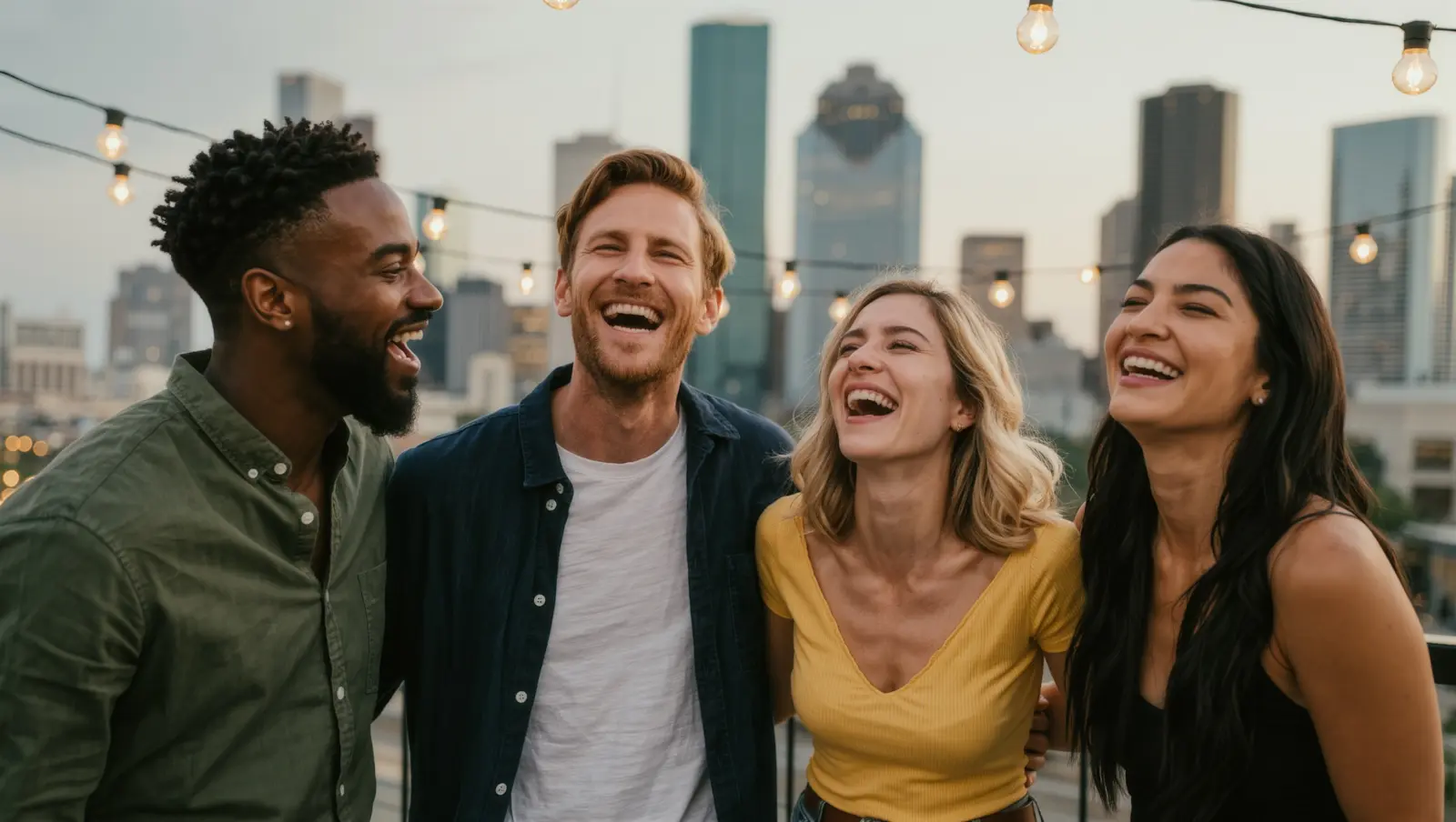 Four friends laughing together on a rooftop at dusk, with the Houston skyline and string lights behind them