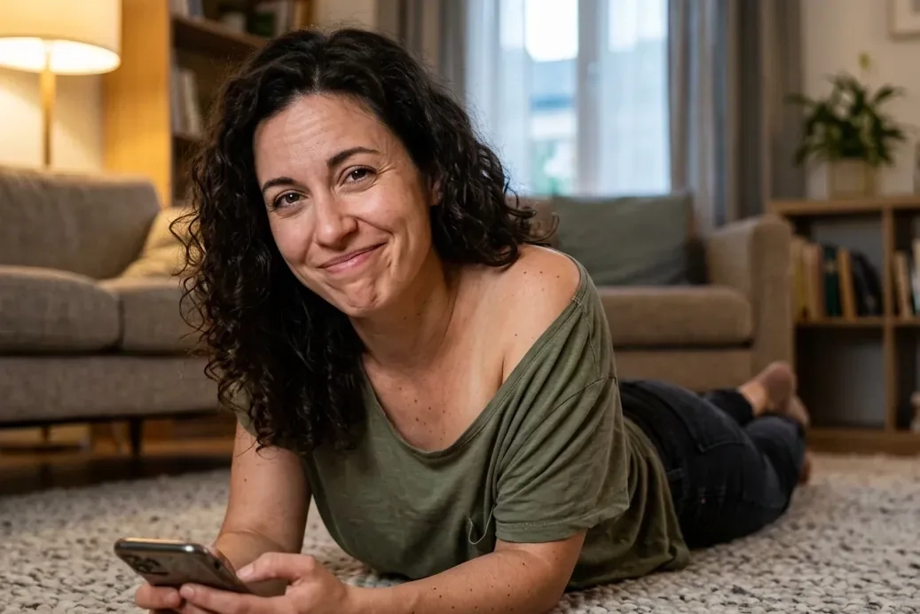 A woman with long curly dark hair lies on a living-room rug with her phone and an amused, sceptical smile (AI-generated image)