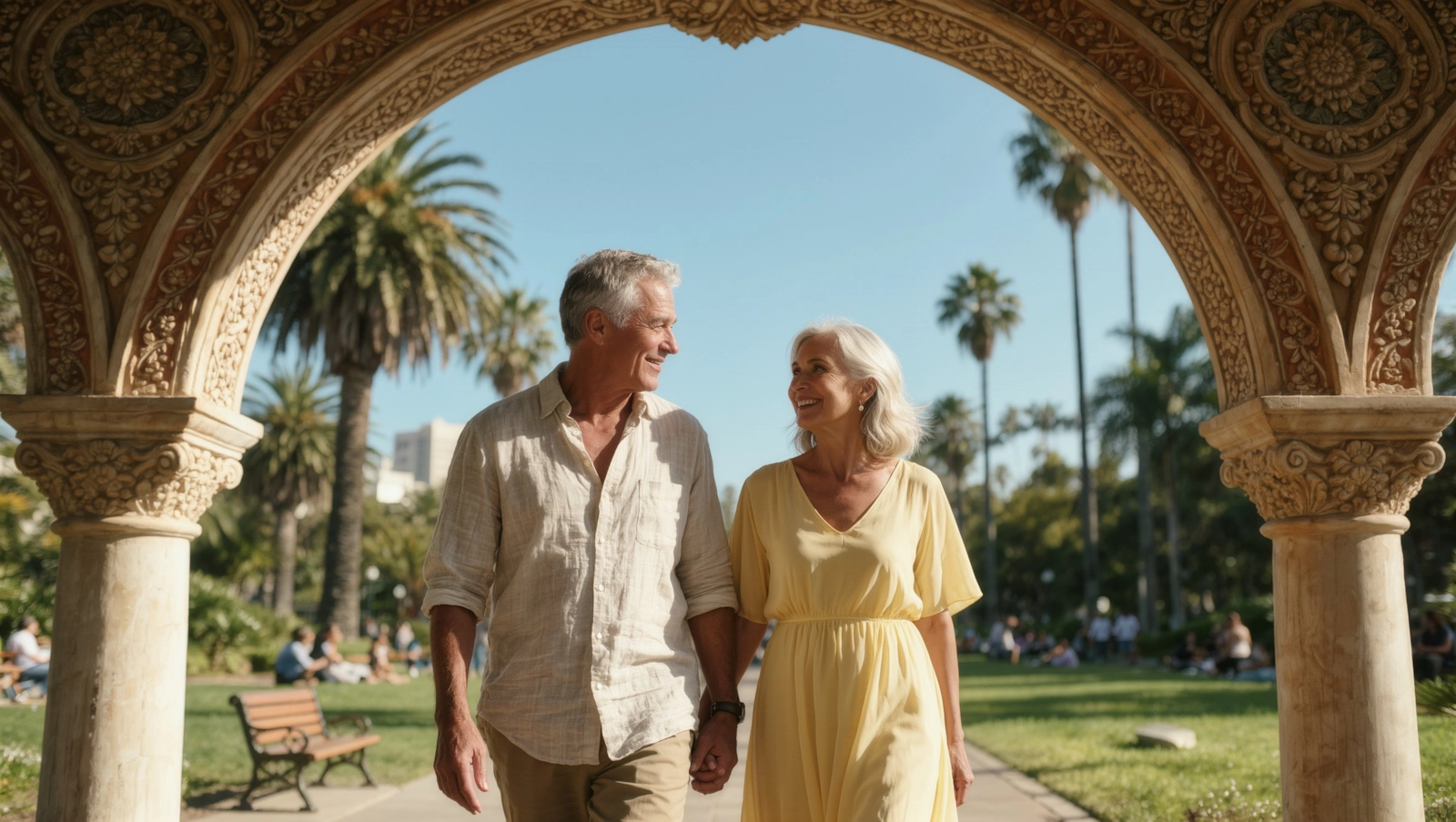 A couple walking beneath a decorative stone arch in a sunny park with palm trees