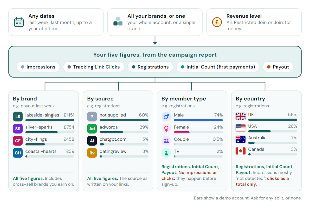 Three choices, any dates, all your brands or one, and the revenue level, lead to five figures: Impressions, Tracking Link Clicks, Registrations, Initial Count and Payout. By brand and by source carry all five. By member type, Male, Female, Couple and TV, carries registrations, first payments and payout, not impressions or clicks. By country carries the same, with most impressions not detected and clicks as a total only. The bars show a demo account.