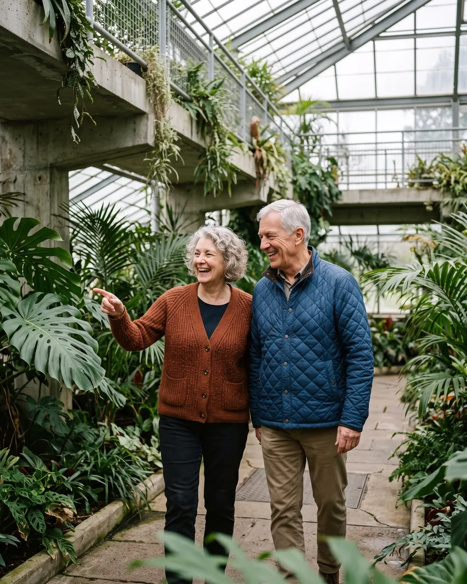 A woman in her mid sixties in a rust cardigan points at a giant leaf as she and a man in his late sixties laugh on a walkway in a tropical conservatory with concrete balconies (AI-generated image)