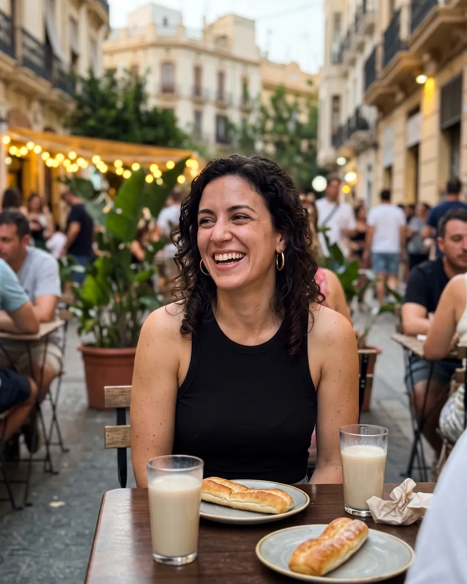 Una mujer de pelo rizado ríe en una terraza de Russafa al anochecer, con dos vasos de horchata y fartons sobre la mesa (imagen generada por IA)