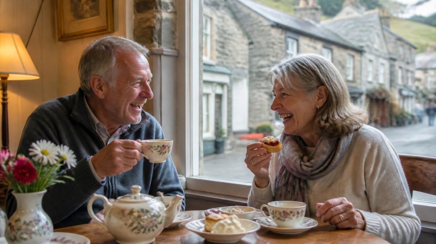 An older couple laughing over tea and scones in a tearoom on a stone-built street