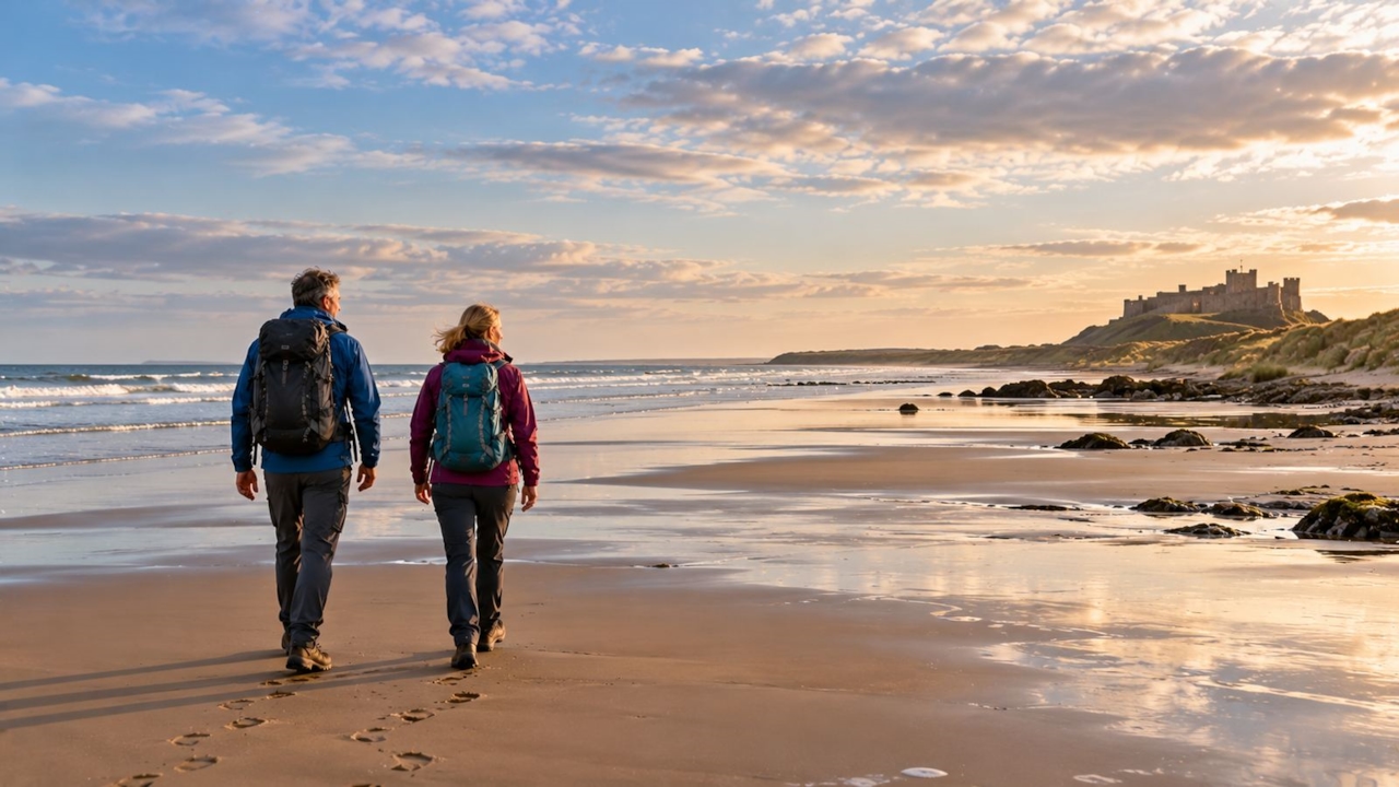 Two walkers on a long empty beach in Northumberland with a castle on the horizon