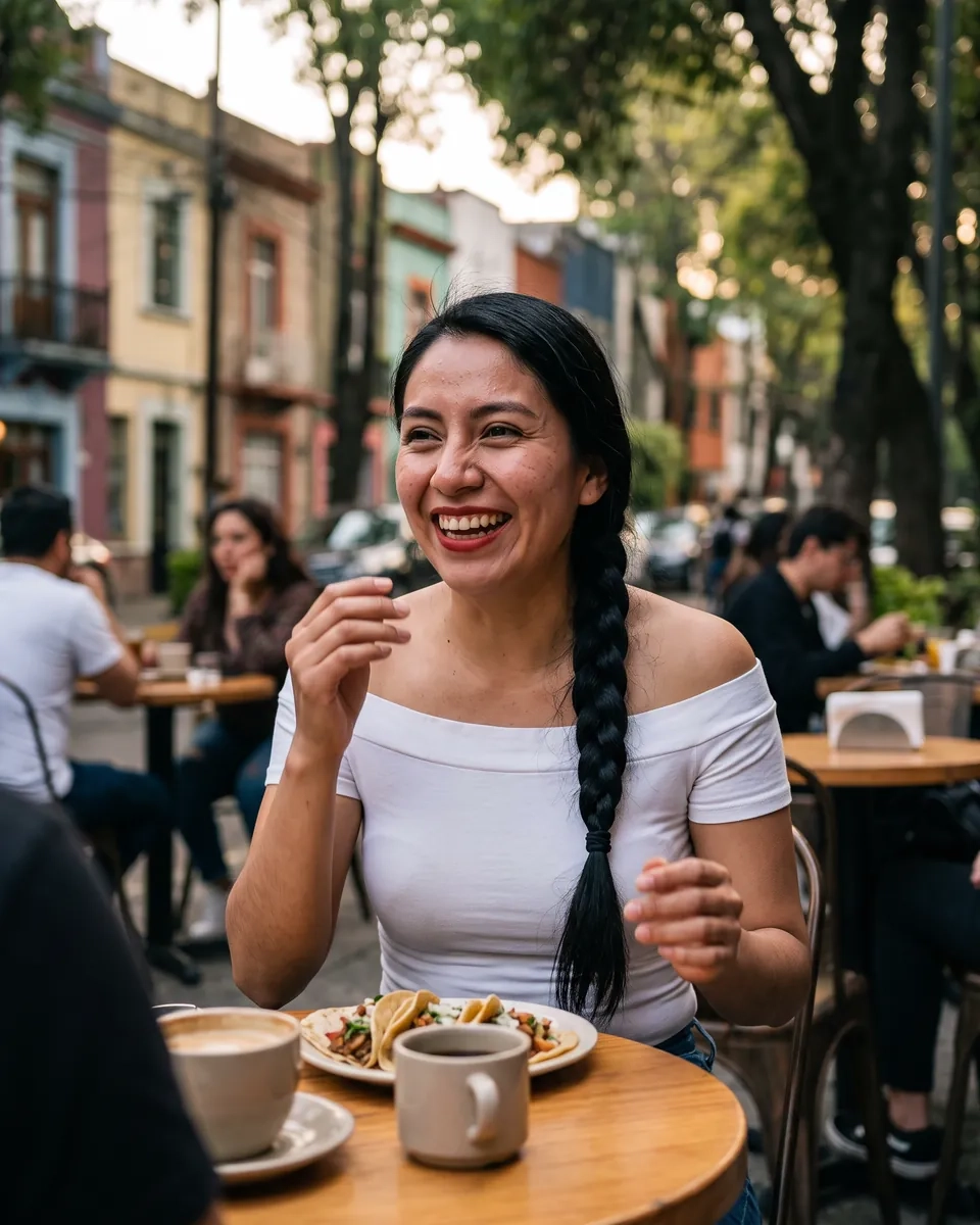 Una mujer con trenza larga y blusa blanca de hombros descubiertos se ríe en la mesa de un café de banqueta en la Roma Norte, con tacos y café (imagen generada por IA)