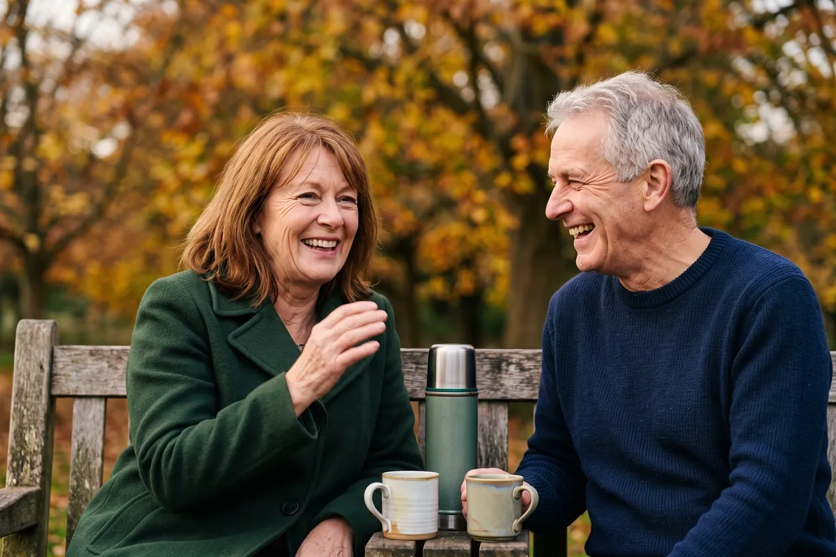 A man in his late sixties with grey hair and a navy jumper laughs as a woman in her early sixties with auburn hair in a green coat tells him a story on a park bench (AI-generated image)