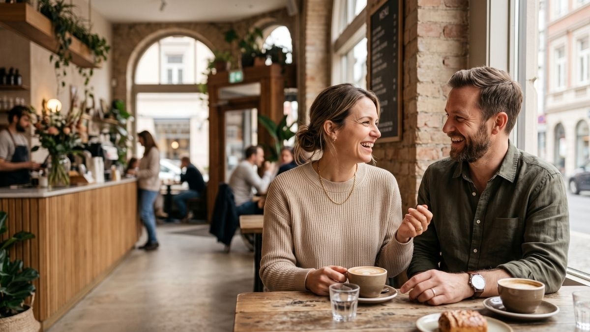 Two people laughing together over coffee at a cafe table