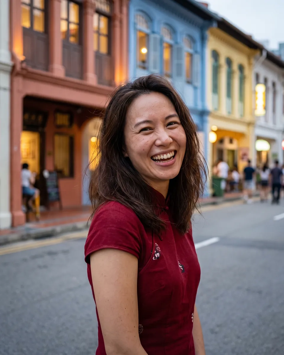 A woman with shoulder-length black hair in a fitted red top laughs on a street of pastel shophouses in Chinatown in the evening (AI-generated image)