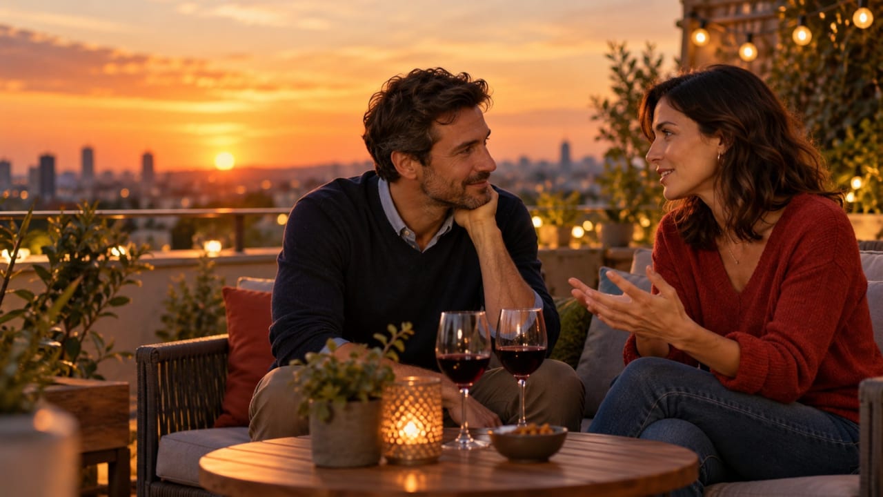 Una pareja conversa sentada en la terraza de una casa al atardecer, con dos copas de vino sobre una mesa baja y la ciudad al fondo