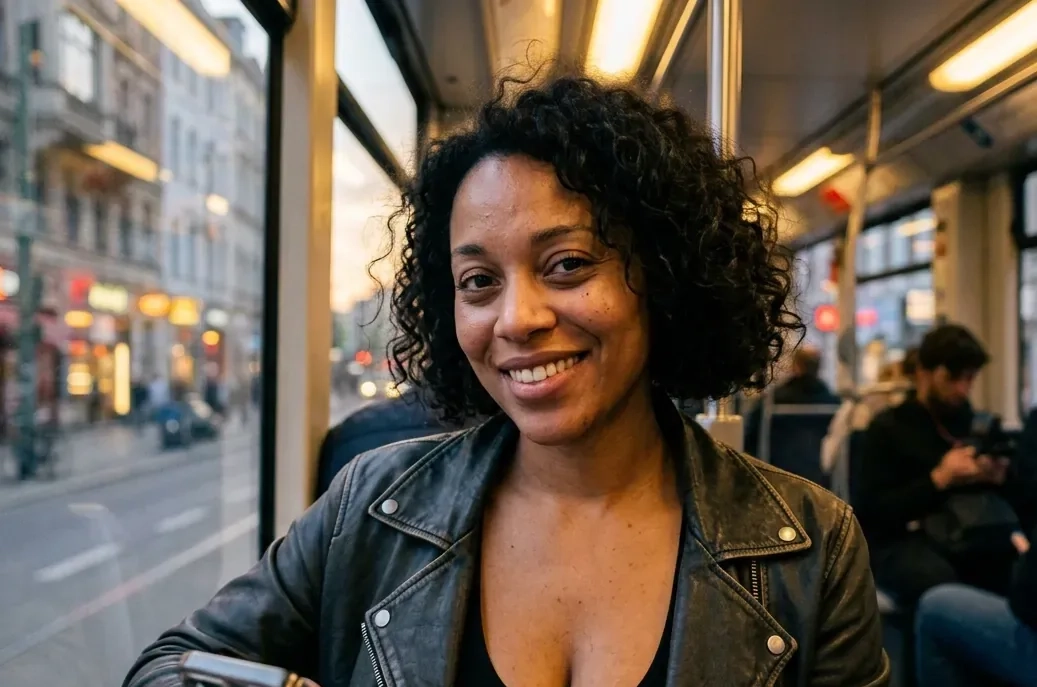A smiling woman with a dark curly bob and a leather jacket looks up from her phone on a city streetcar at dusk (AI-generated image)