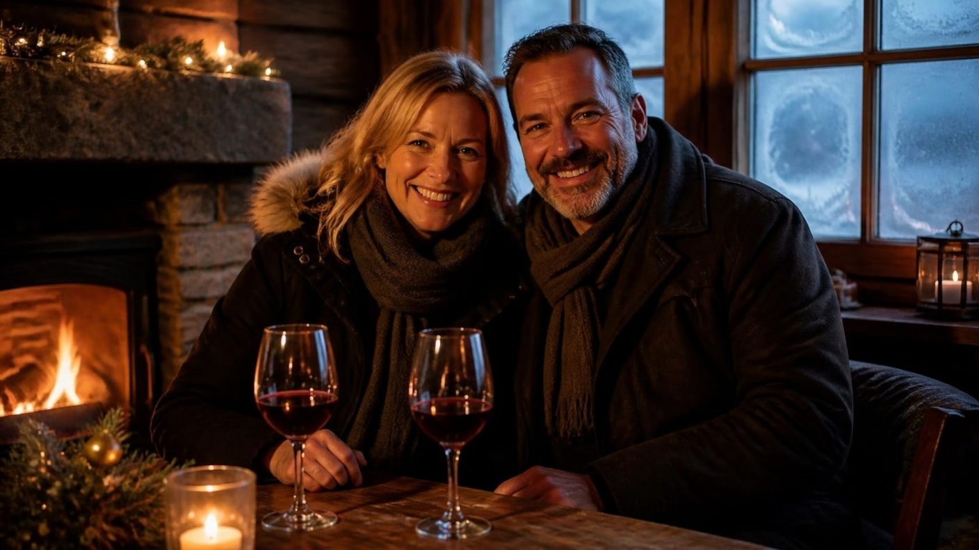 A couple sharing a glass of wine by the fire in a cosy pub