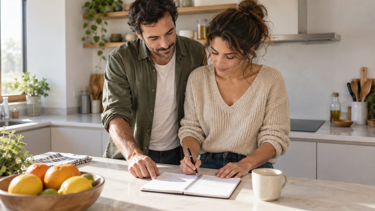 Una pareja escribe una lista a mano en una libreta sobre la encimera de su cocina