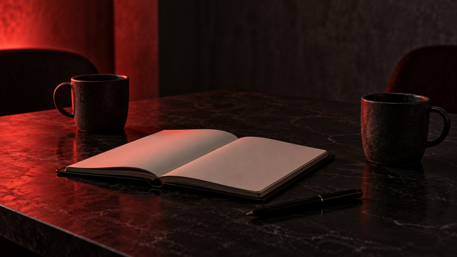 Un cuaderno abierto por unas páginas en blanco, con un bolígrafo al lado, sobre una mesa de piedra oscura en penumbra; a cada extremo hay una taza, y una luz roja tenue ilumina la pared del fondo