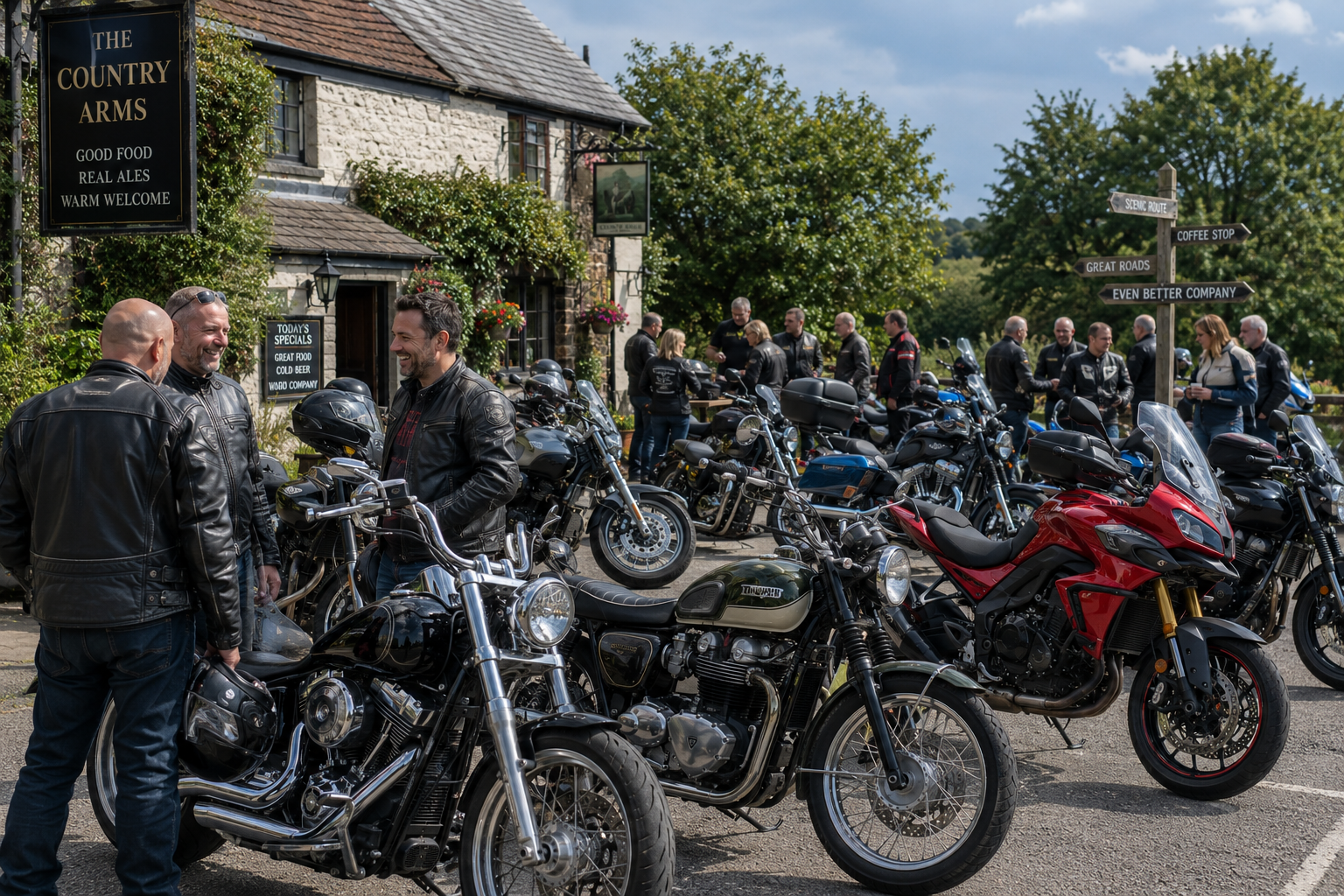 A group of riders socialising in the car park of a traditional British country pub on a sunny day, with a mix of motorcycles parked up