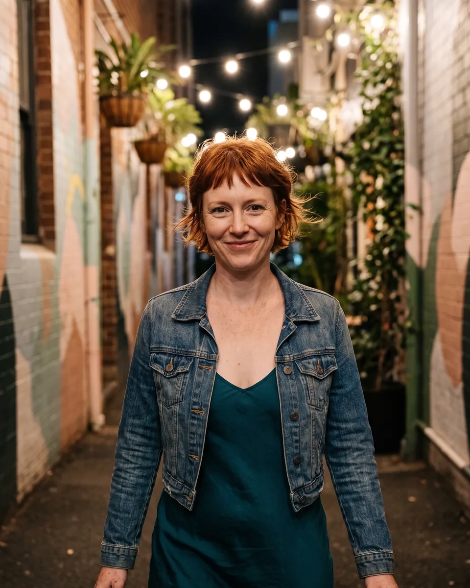 A woman with short choppy red hair in a teal slip dress and cropped denim jacket walks through a lit laneway in South Brisbane at night with a playful smile (AI-generated image)