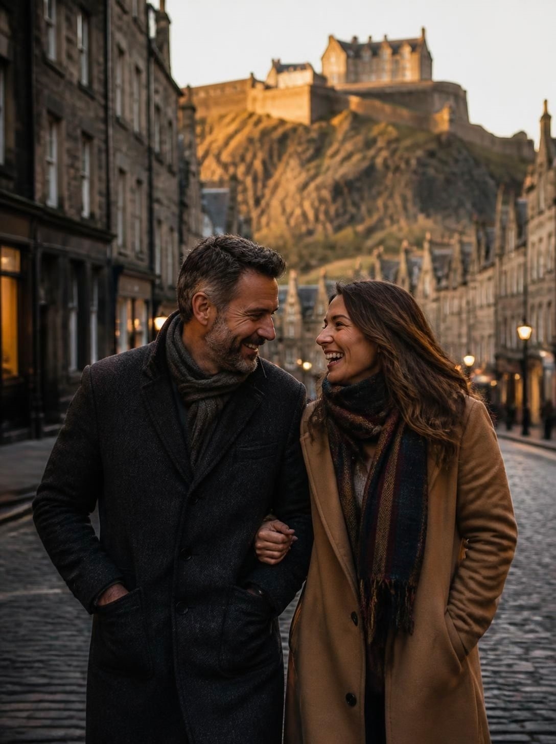 A happy couple walking arm in arm along a cobbled Old Town street with the castle on its rock behind them
