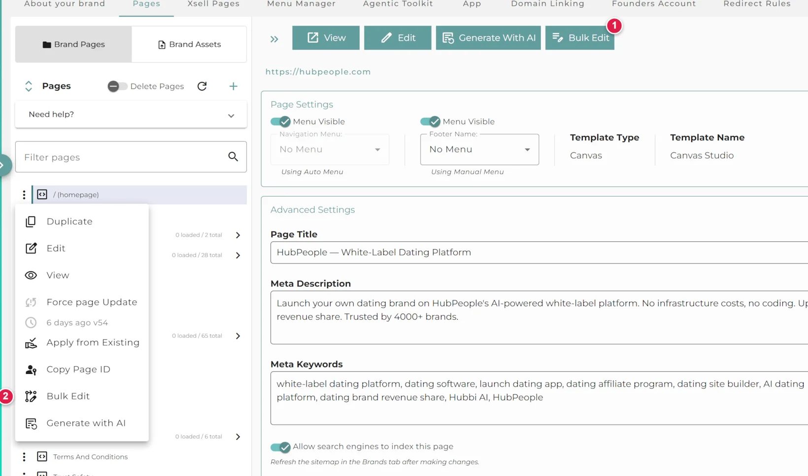 The Pages tab of a brand. Marker 1 points to the Bulk Edit button above the page list; marker 2 points to the Bulk Edit item inside a page's three-dots menu.