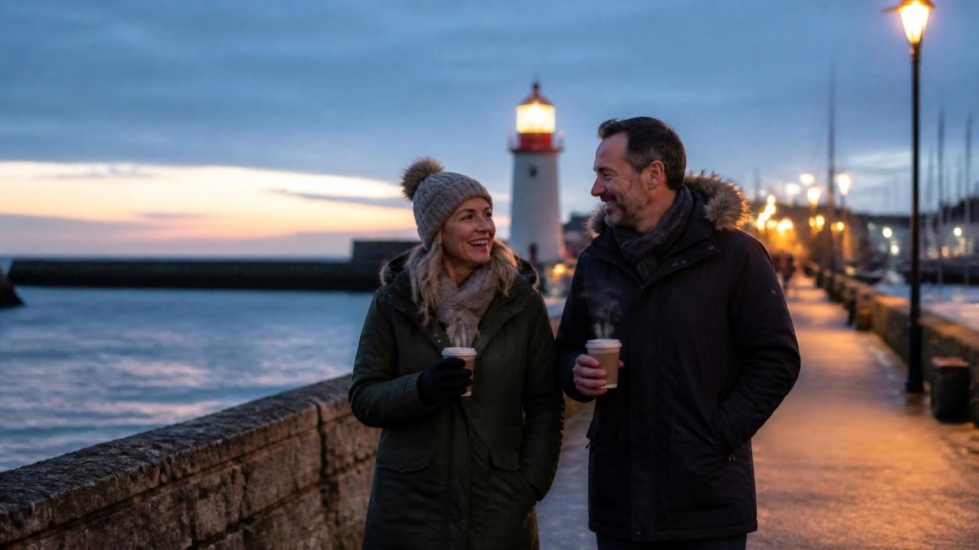 A couple in winter coats sharing takeaway drinks on a seafront pier at dusk with a lighthouse behind them
