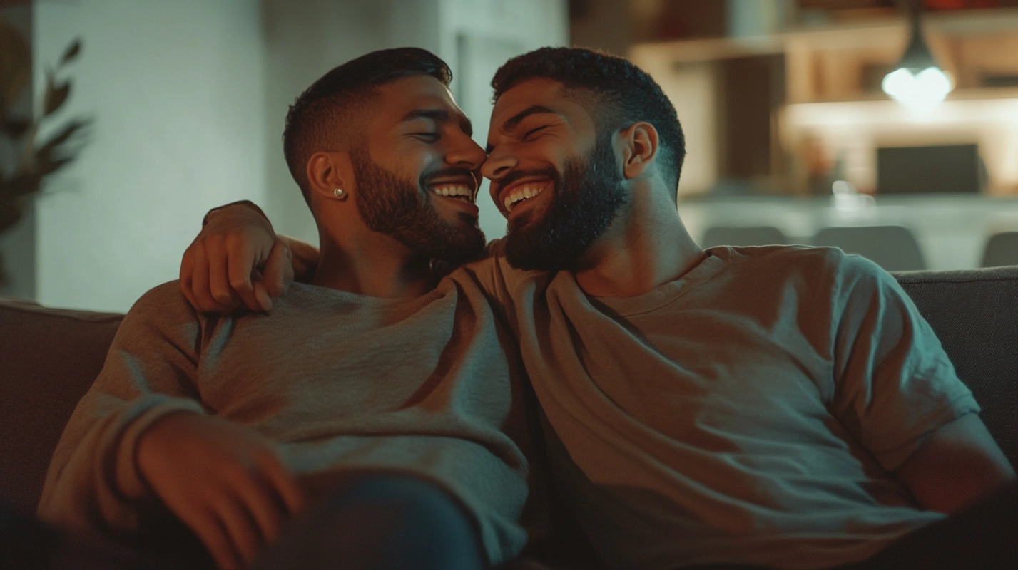 A diverse group of LGBTQ+ friends laughing and connecting