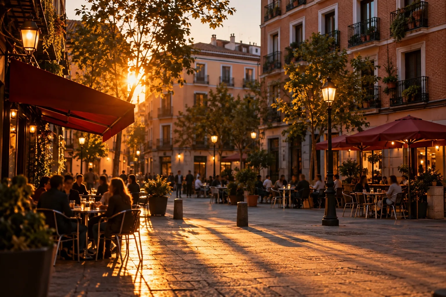 Plaza de un barrio de Madrid al atardecer con terrazas, balcones de hierro y farolas encendidas