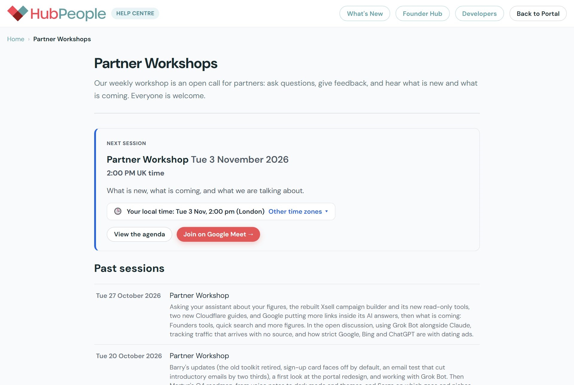 The Partner Workshops page on the help site: the next session on Tuesday at 2pm UK, and every past session written up.