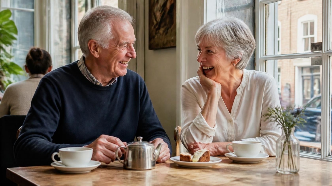 An older couple laughing over tea and cake at a café table
