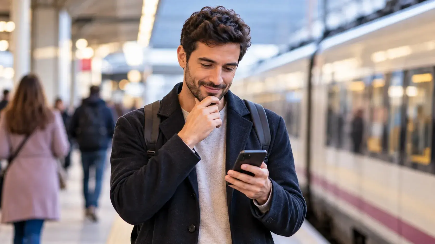 Persona joven en un andén de tren mira su móvil pensativa antes de escribir