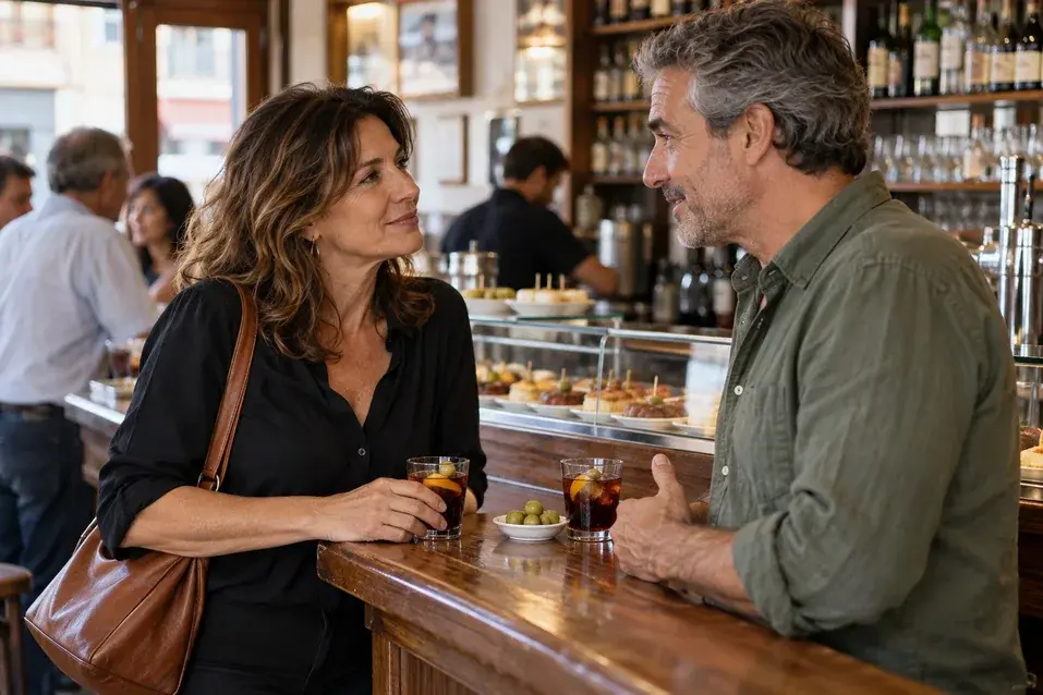 Relaciones sin compromiso: dos personas adultas conversando apoyadas en la barra de madera de un bar, con vermut y aceitunas