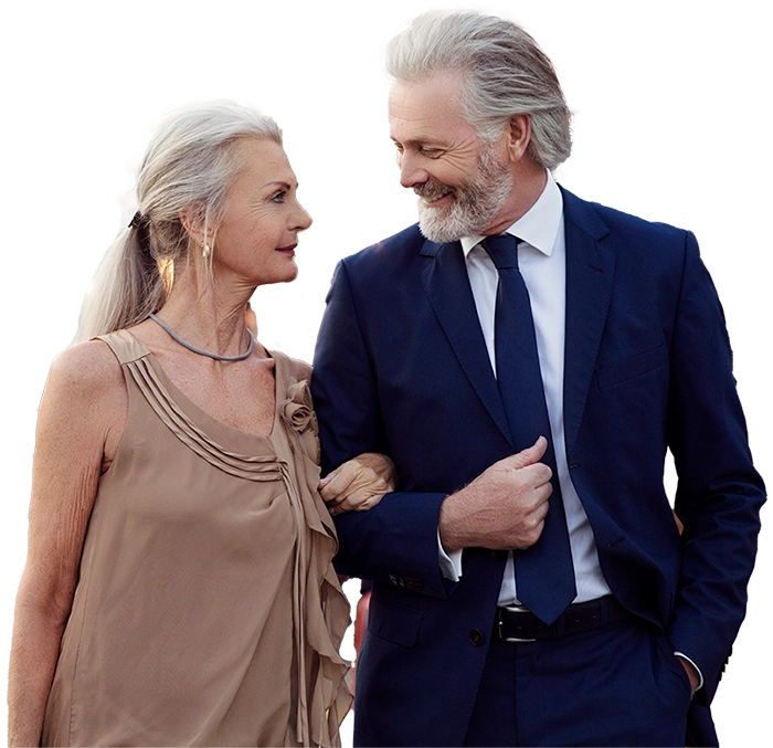 Happy Retired couple going for a walk after a dinner date on the Retired Love Hub dating app