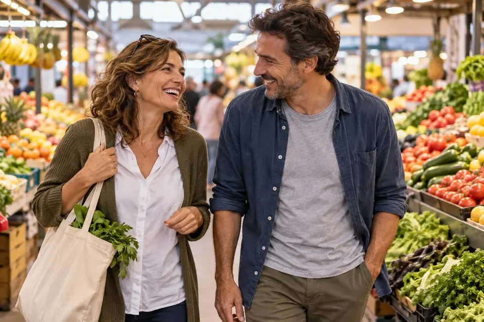 Segunda cita con una mujer madura: pareja adulta paseando y riéndose entre los puestos de fruta de un mercado