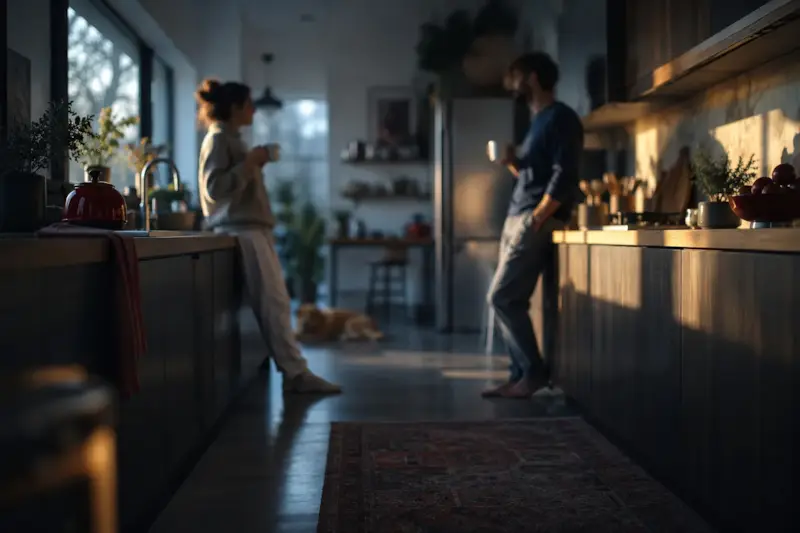 Dos adultos de pie en una cocina a primera hora de la mañana, con una taza cada uno y un par de metros entre ellos, conversando