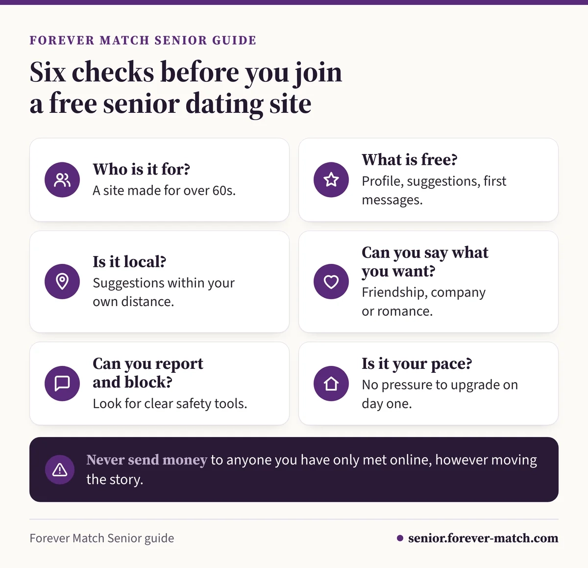 Six checks before joining a free senior dating site, from who it is for and what is free to being local and safe, plus a warning never to send money