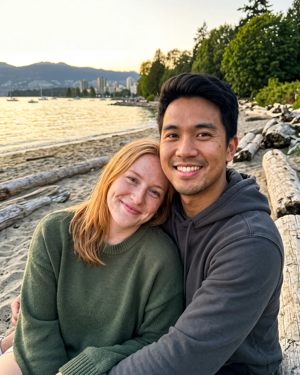 A couple cuddled up on the sand among driftwood at English Bay in Vancouver at sunset (AI-generated image)