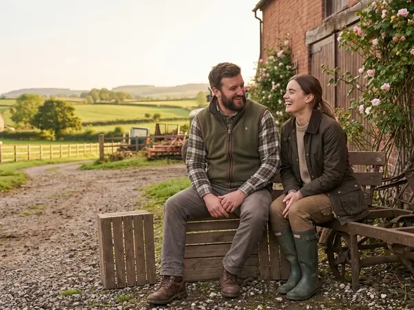 A couple sitting and laughing together outside a brick farm building