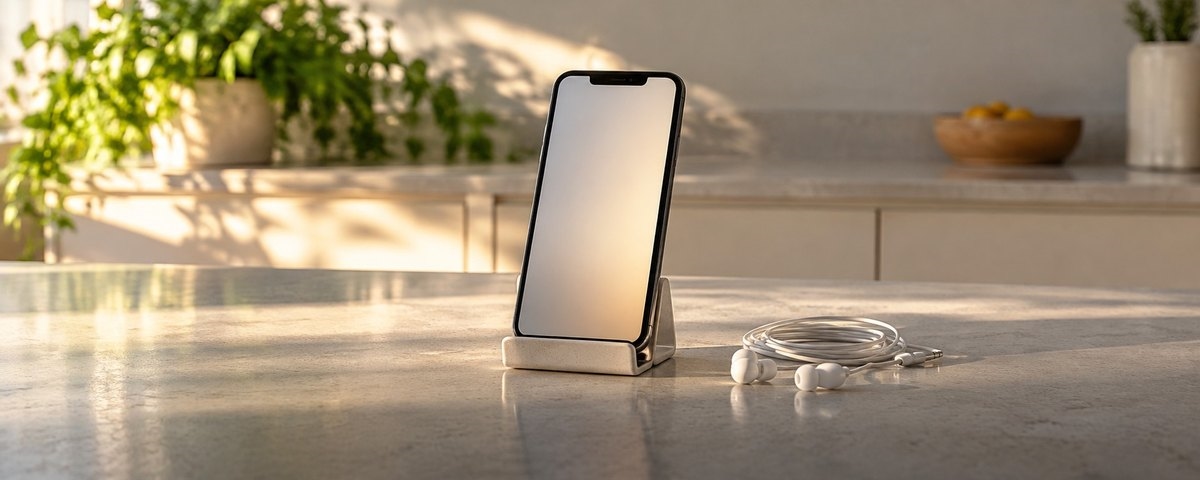 A phone propped upright in a small stand on a pale stone kitchen counter, with earphones and a coiled cable beside it in morning light