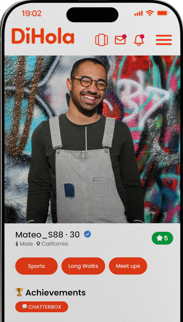 DiHola profile screen for Mateo, 30, with his interests and badges