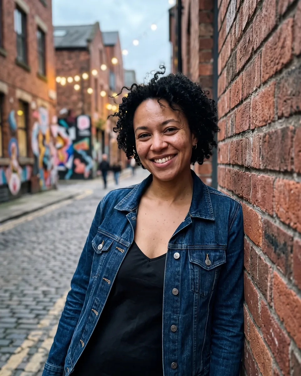 A woman with short curly black hair, a denim jacket and a slip dress leans against a red-brick wall with street art in Manchester at dusk and grins at the camera (AI-generated image)