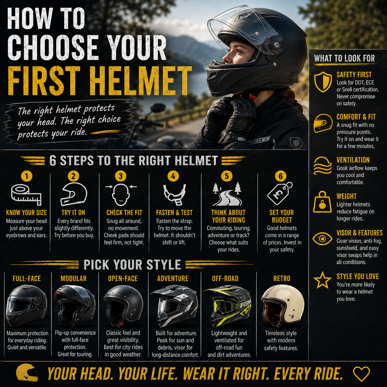 A row of motorcycle helmets in different styles and colours displayed in a shop, with a rider trying one on in the background