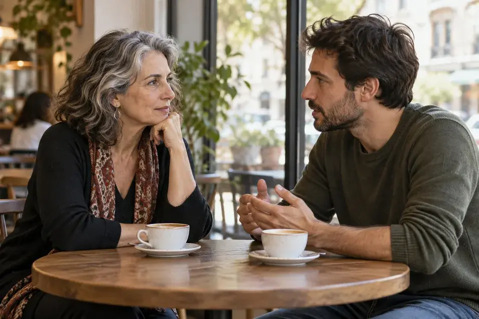 Hablar de la diferencia de edad: mujer madura y hombre más joven conversando con dos cafés sobre la mesa de una cafetería junto a un ventanal
