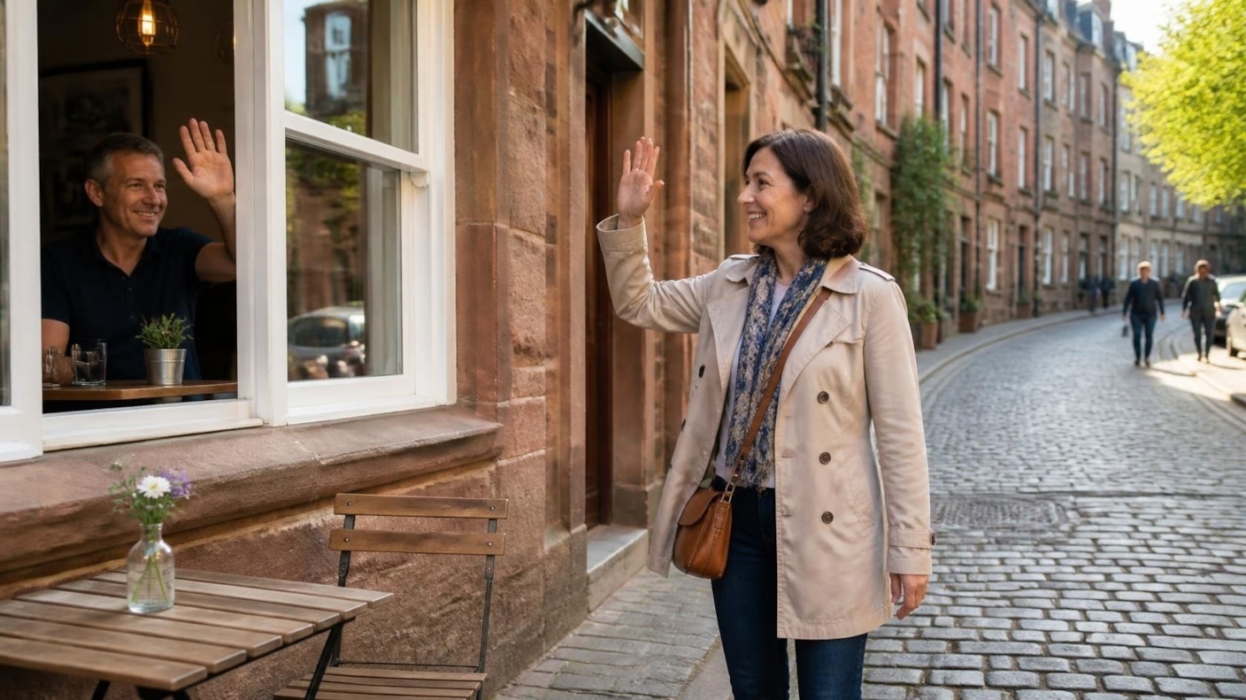 A woman waving hello to a man at a café window on a cobbled sandstone street