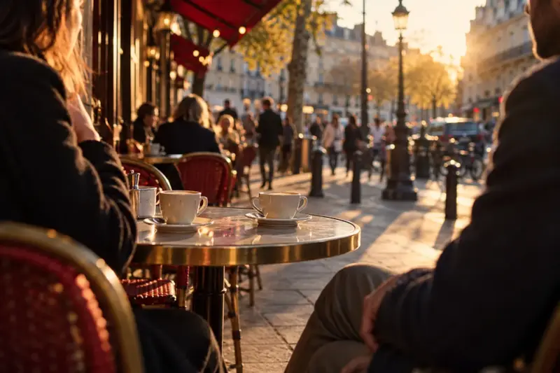 Mesa de una terraza urbana al atardecer con dos tazas y dos personas desenfocadas sentadas una frente a otra