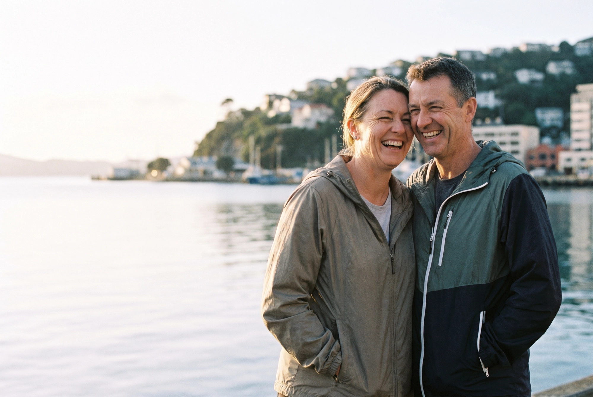 A happy couple laughing together on the Wellington waterfront with the harbour and hillside houses behind them