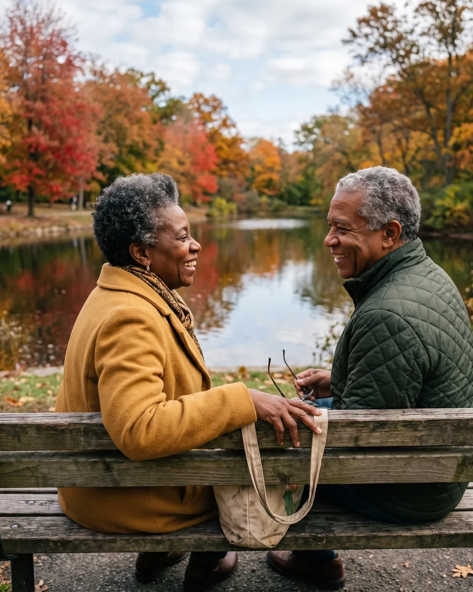 A woman in her mid sixties in a mustard coat and a man in his late sixties in a green jacket talk and smile on a bench beside a small lake with autumn trees (AI-generated image)