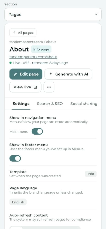 Pages: settings, on a phone.