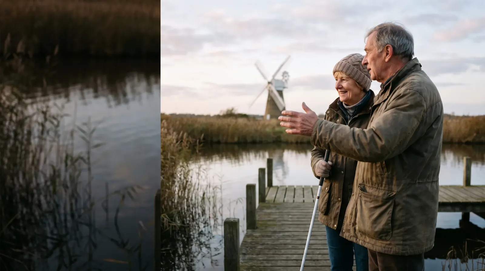 A couple on a jetty on the Norfolk Broads by a windmill; the woman holds a white cane as the man describes the view
