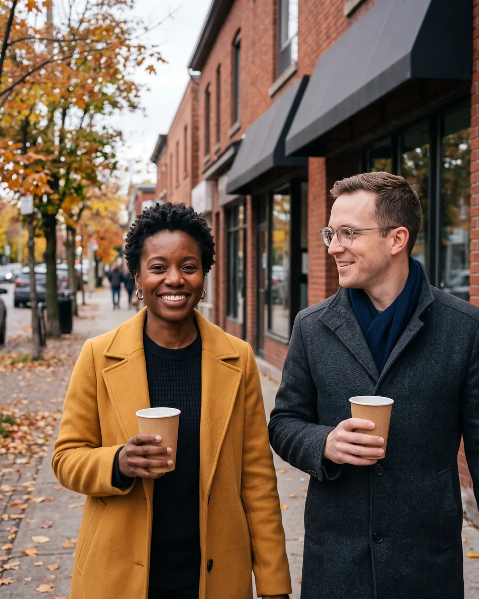 A couple strolling with coffee cups along a brick shopfront street in Ottawa's Glebe in autumn (AI-generated image)
