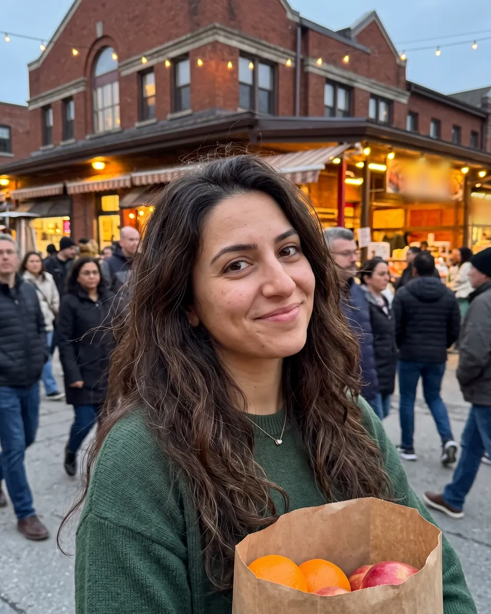 A smiling woman holding a bag of fresh fruit in the evening crowd of Ottawa's ByWard Market (AI-generated image)