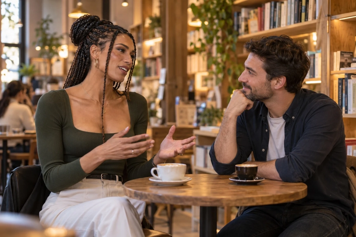 Hombre escuchando con atención a una mujer trans durante una conversación en una librería-cafetería