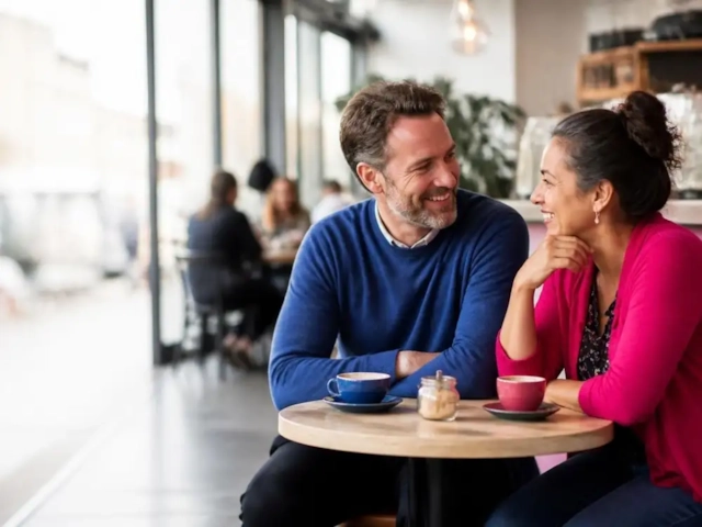 A single Mum and Dad smiling at each other over coffee in a bright café